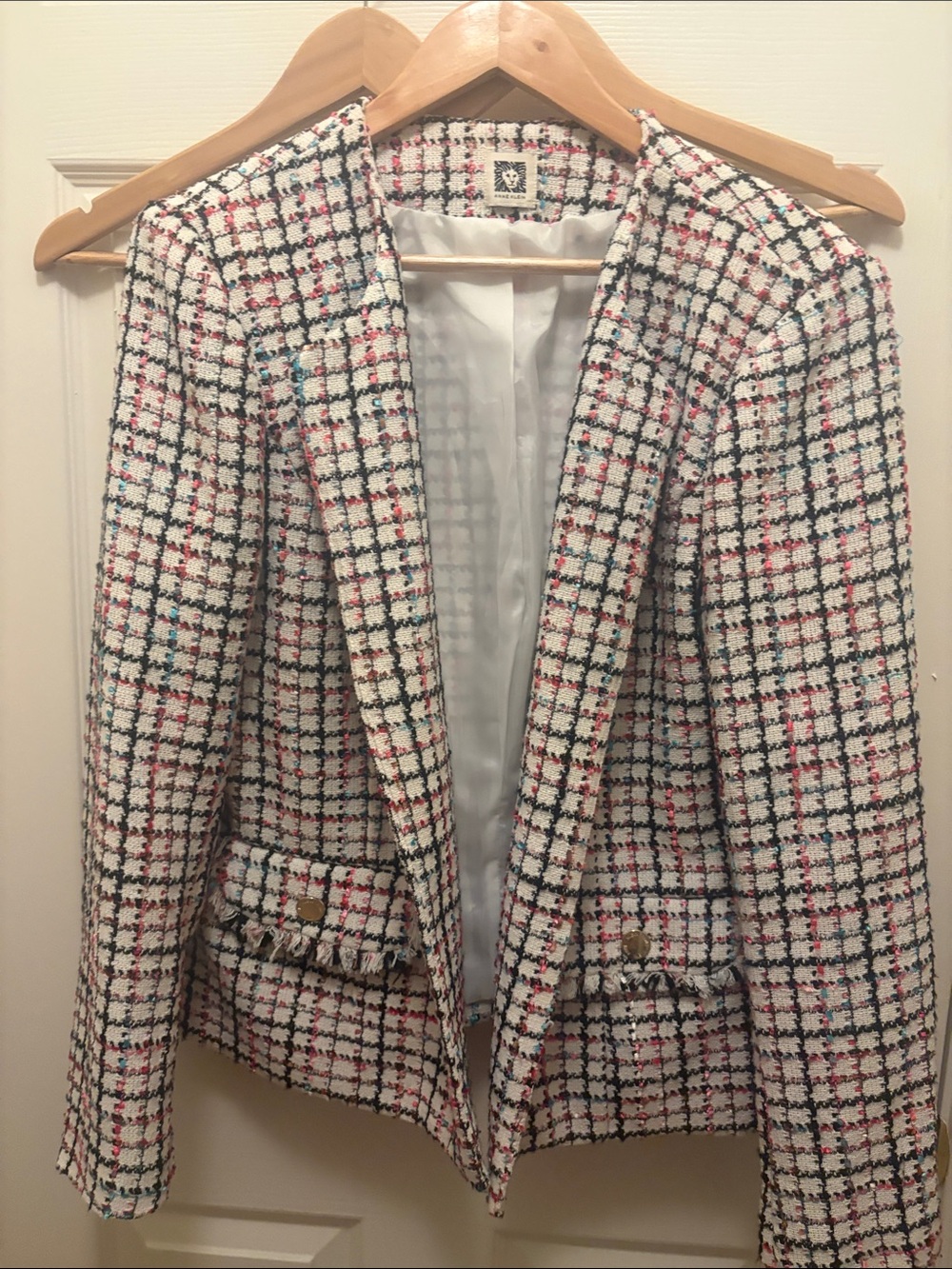 Anne Klein Cream Tweed Plaid Blazer with Pink and Blue Accents A094 - Picture 5 of 6